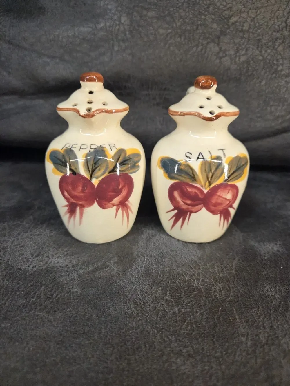 Vintage Japan Ceramic Radish Salt and Pepper Shakers Hand Painted Pitcher Style